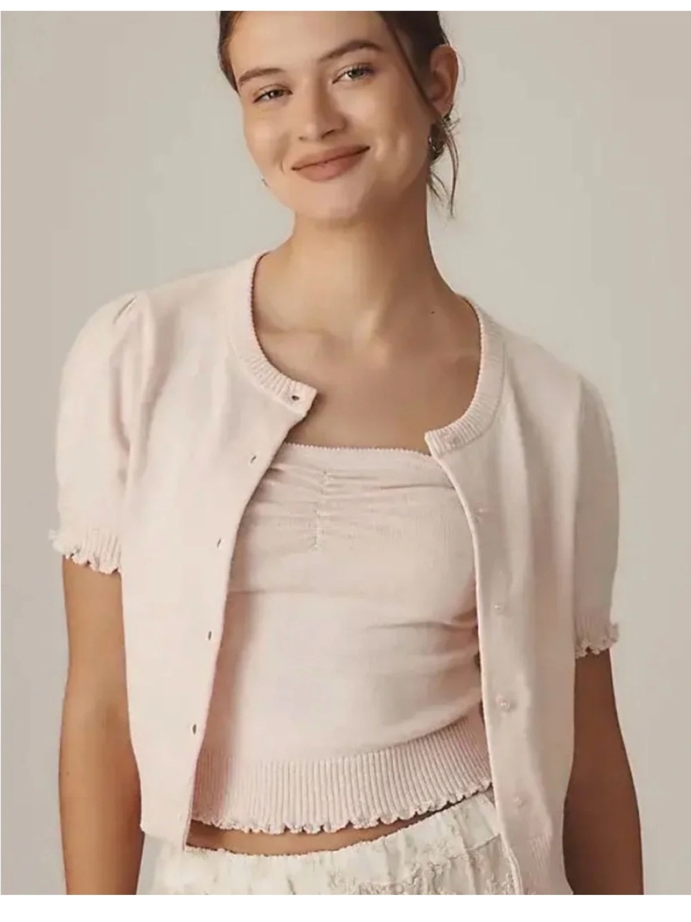 Anthropologie two piece short sleeve crewneck ruffled trim sweater crop bandeau